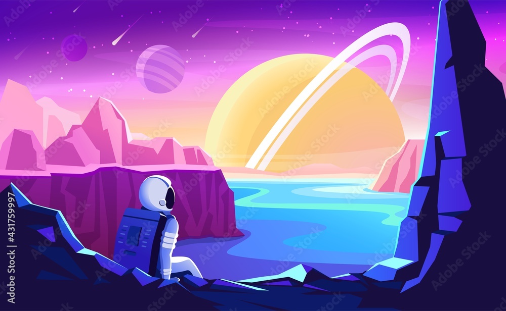 Wall mural astronaut sitting on a mountain on a distant planet. vector illustration of mars colonization, futur