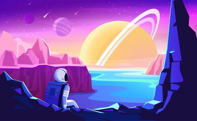 Astronaut sitting on a mountain on a distant planet. Vector illustration of Mars colonization, futuristic landscape. Fantasy alien landscape, vector space background. © Nadezhda