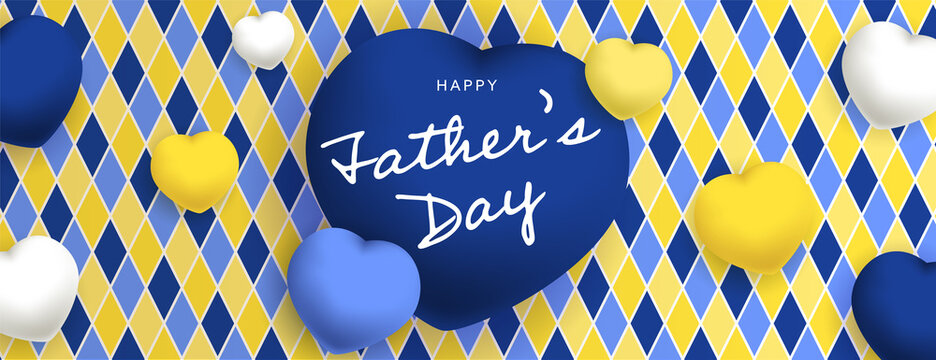 Happy Father’s Day sous forme de carte ou bannière, poster ou flyer, avec des losanges et coeurs jaunes, bleus et blancs
