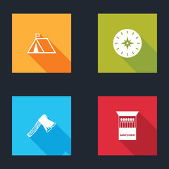 Set Tourist tent with flag, Compass, Old wooden axe and Open matchbox and matches icon. Vector