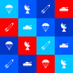 Set Parachute, Radar, Rocket and Military tank icon. Vector