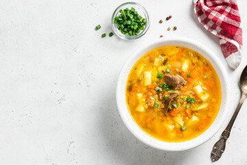 Instant pot Moroccan red lentil soup. Top vview, copy space.