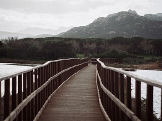 Wooden bridge over the lake in Sardinia