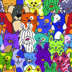 Naklejka premium Seamless cartoon cats and dogs pattern