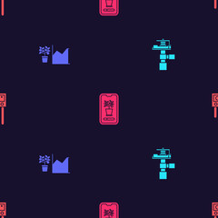 Obraz premium Set Automatic irrigation sprinklers, Flower statistics, Smart control farming system and Temperature and humidity sensor on seamless pattern. Vector