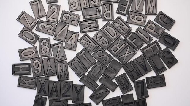 letterpress alphabet and numbers rotating on white background