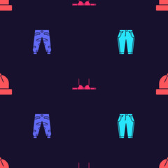 Set Pants, Camouflage cargo pants, Bra and Winter hat on seamless pattern. Vector