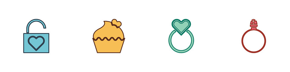 Set Lock and heart, Wedding cake with, rings and Diamond engagement icon. Vector