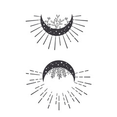 Hand Drawn Half Moon with Flowers and Herbs. Moon Set with Sunburst