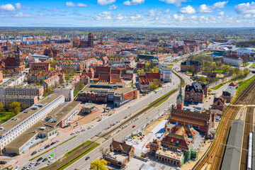 Aerial view of Gdansk city with the main train station. Poland