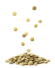 Lentils falling on a pile on a white background. Isolated