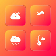 Set Sun and cloud, Meteorology windsock wind vane, Cloud with rain and thermometer icon. Vector