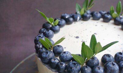  white cake decorated with ripe blueberries and pistachio leaves on a dark gray macro background                              