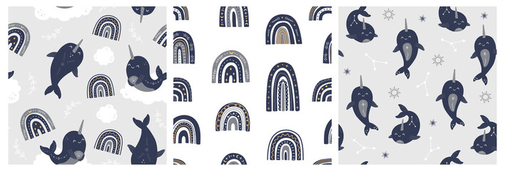 Celestial whale and rainbows seamless patterns set, modern witchcraft and mystical magic narwhals collection. Astrology sea animals, star, moon and constellation boho style, trendy vector illustration © Alice
