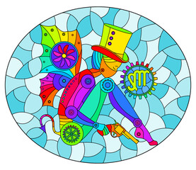 Illustration in the style of a stained glass window with an illustration of the steam punk sign of the horoscope Virgo, oval image