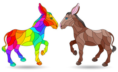 Set of illustrations in the style of stained glass with cute donkeys, animals isolated on a white background