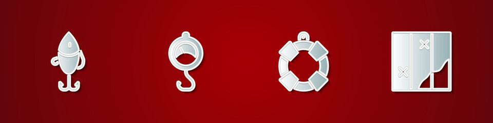 Set Fishing lure, Spring scale, Lifebuoy and Folded map icon. Vector