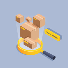 isometric vector illustration on gray background, track the parcel, button near the magnifying glass from which mail boxes fly out