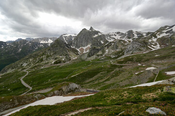 Landscape with snow and mountains Col du Grand Saint Bernard