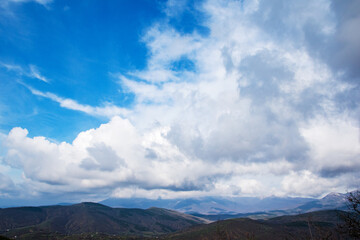 Blue sky with clouds over a beautiful bay, view from above. Aerial view of a beautiful coastal view of the coast.