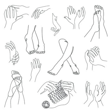 Collection. Silhouettes of human legs and hands in a modern one line style. Continuous line drawing, aesthetic outline for home decor, posters, wall art, stickers, logo. Set of vector illustrations.