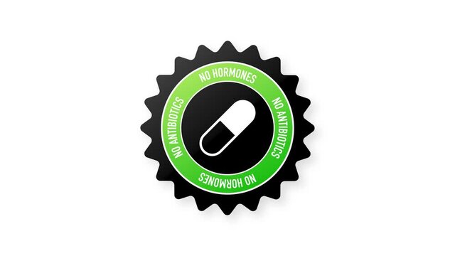No hormones, no antibiotics green rubber stamp on white background. Realistic object. Motion graphics.