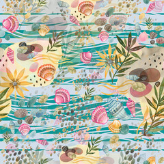 Seamless watercolor pattern seashells, pebbles, vacation by the sea
Colorful illustration of a summer weekend on the seashore, outdoor recreation, sun, ocean, river, unity with nature, life line.