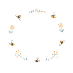 Round doodle frame of bees and flowers. Logo design for honey and bee farms, apiaries, and beekeeping products packaging. Vector cartoon illustration