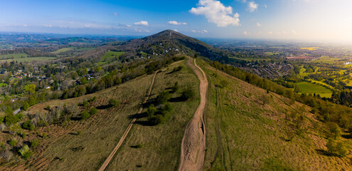 Aerial view of Malvern hulls overlooking peak of the hills with beautiful landscape surrounding the point