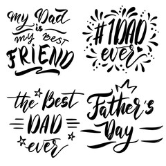 Happy Fathers Day Hand drawn Lettering Design. Dad Holiday Greeting Card Template. Best Dad Ever Sticker. Vector Calligraphy Isolated Black Design.