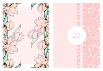 wedding invitation design; flowers, leaves, calligraphy brush isolated on pink. Sketched floral and herbal motifs with flowers and fishnet insects. Suitable for postcards, banners