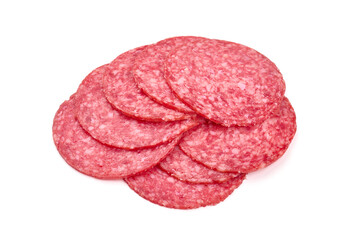 Smoked sausage slices, isolated on white background. High resolution image