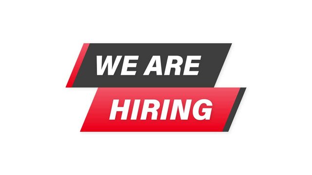Were hiring bubble message banner on white background. Yellow and red. Motion graphics.