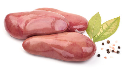Raw pork kidneys, offals, isolated on white background. High resolution image