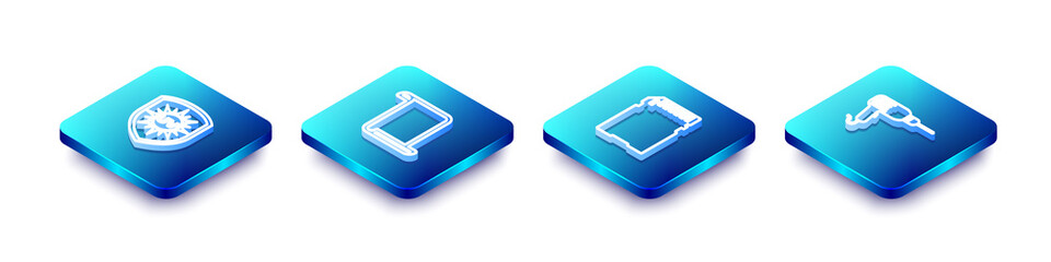 Set Isometric line UV protection, Paper scroll, SD card and Drill machine icon. Vector