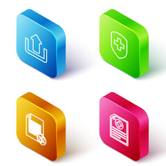 Set Isometric line Upload, Medical shield with cross, Transfer files and Clinical record icon. Vector