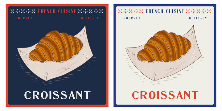 Classic French croissant served on paper vintage retro illustration
