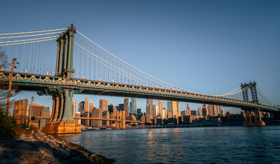 bridge Manhattan New York panorama sky color blue sunrise horizon Brooklyn city buildings beautiful 