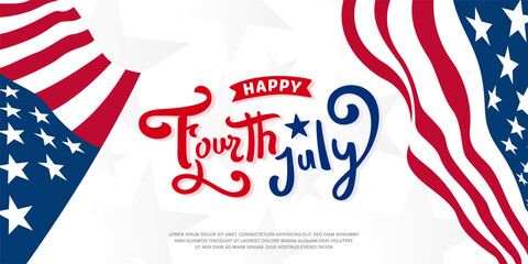 Happy 4th of July united states of America custom hand-lettering, typography design with ribbon on the USA, United States national waving flag background, template. Vector illustration.
