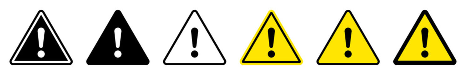 Exclamation mark of warning attention icon. Triangular warning symbols with Exclamation mark. Caution alarm set, danger sign collection, attention vector icon. Vector illustration. - obrazy, fototapety, plakaty