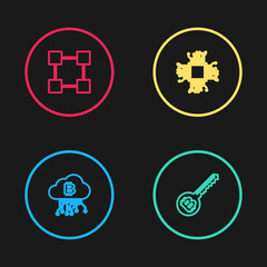 Set line Cryptocurrency cloud mining, key, Processor and Blockchain technology icon. Vector