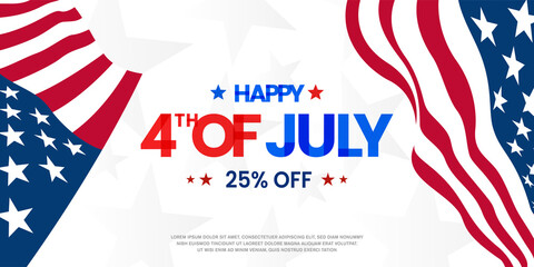 Happy 4th of July sale, discount, offer lettering colorful modern design on the USA, the United States national waving flag background, template. Vector illustration.
