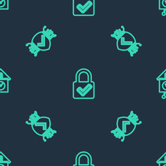 Set line Lock and check mark, Cyber security and Retro wall watch on seamless pattern. Vector