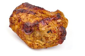 Roasted pork meat, baked spicy meat, isolated on white background. High resolution image