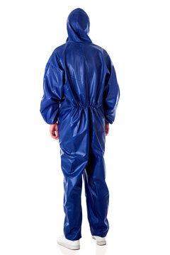 Man wearing blue protective suit isolated on white background