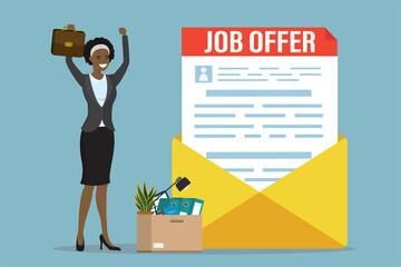 Job offer document in huge yellow envelope. Happy african american female employee holds briefcase. New staff, box with office things