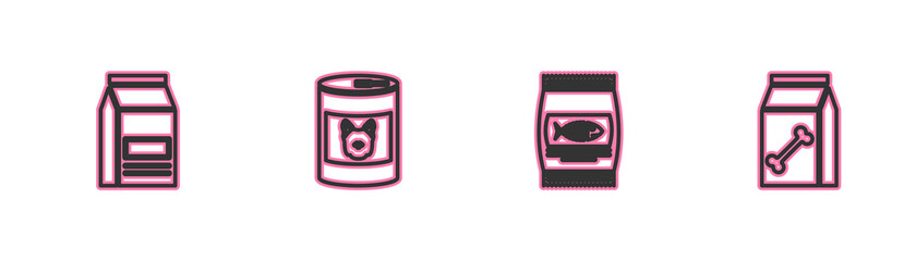 Set line Bag of food, for cat, Canned dog and pet icon. Vector