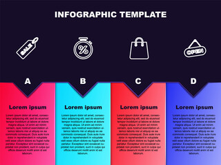 Set line Price tag with Sale, Stopwatch and percent, Handbag and Hanging sign Open door. Business infographic template. Vector