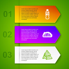 Set line Bottle of water, Taco with tortilla, Nachos and Pizza in cardboard box. Business infographic template. Vector