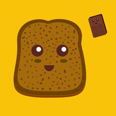 PrintKawaii bread for breakfast. Slices of cute wheat bread and chocolate isolated on yellow background. Bread vector illustration.